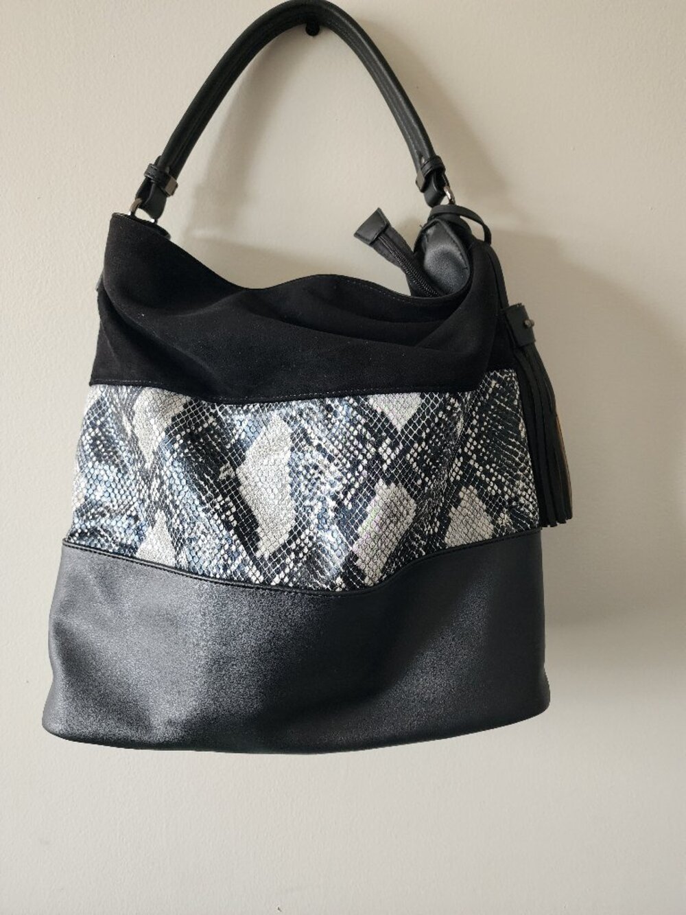 David Jones Paris Hobo Shoulder Bag Black Faux Suede Snakeskin Python Purse Lg